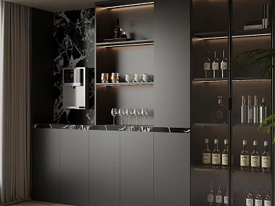 Modern Black Wine Cabinet With Glass Doors Wine Bottles And Wine Glasses 3d model