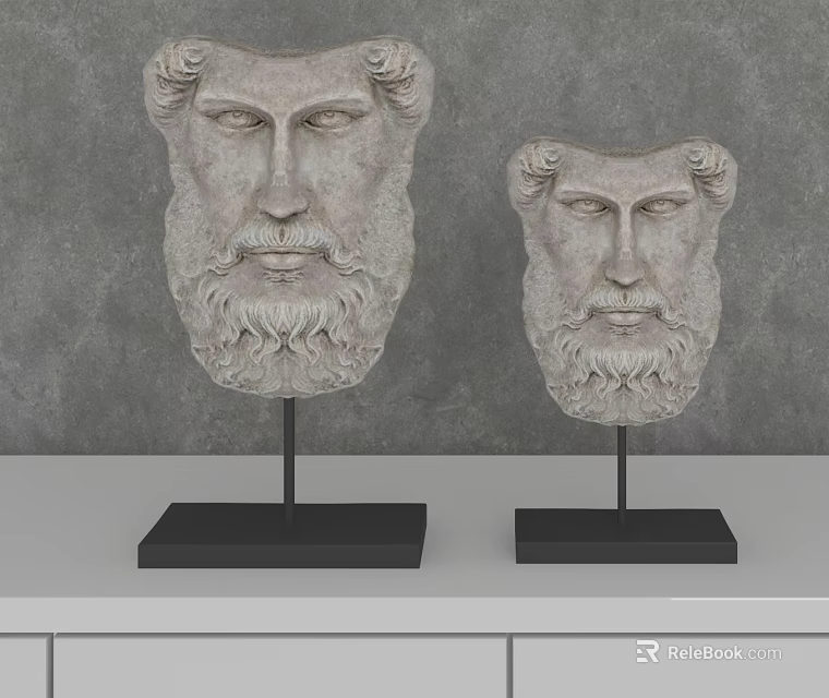 Classical Sculpture Head Ornament Set With Black Bases And Gray Background Tabletop 3d model 