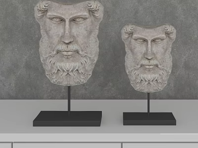 Classical Sculpture Head Ornament Set With Black Bases And Gray Background Tabletop 3d model