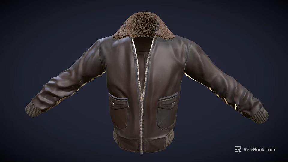 Stylish Brown Leather Jacket With Fur Collar Zipper Pockets And Warm Design 3d model 