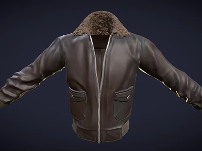Stylish Brown Leather Jacket With Fur Collar Zipper Pockets And Warm Design 3d model