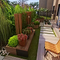 Lush Balcony Garden Design With Green Plants Wooden Chairs And Stone Pathway