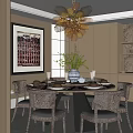Elegant Modern Restaurant Interior With Round Dining Table Chandelier And Decorative Artwork 3d model
