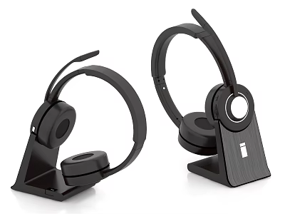 Pair of Black Wireless Over Ear Headphones With Stand And Modern Design 3d model