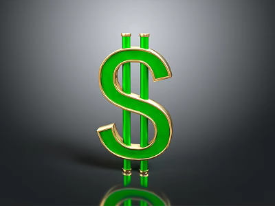 Green 3D Dollar Sign With Gold Border On Gray Gradient Background And Reflection 3d model