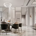 Elegant Dining and Living Room Interior With Crystal Chandelier Dining Table Chairs and Marble Floor
