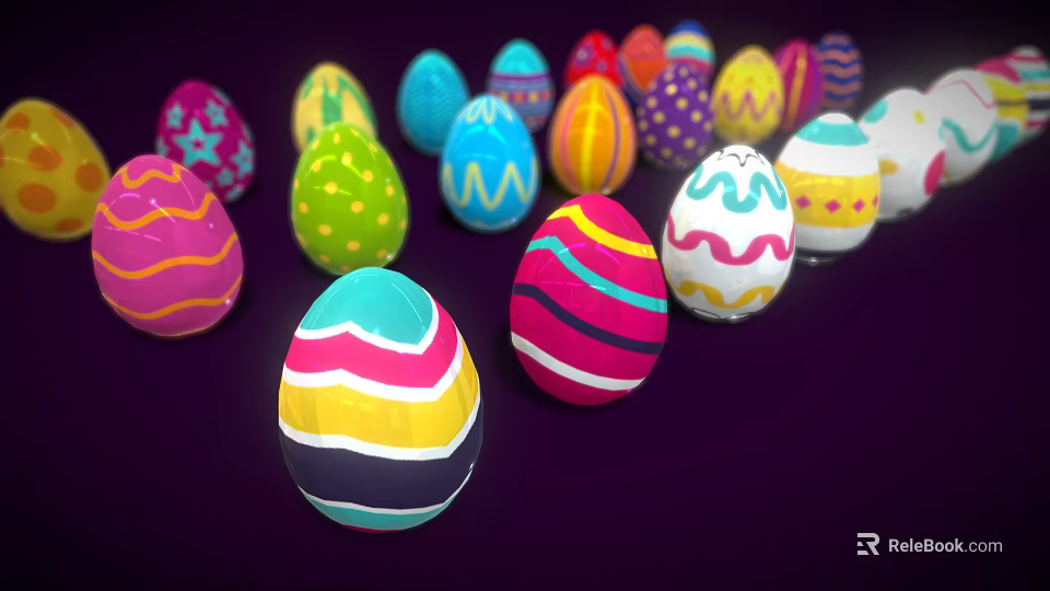 Colorful Decorated Easter Eggs With Rabbit Patterns On Dark Purple Background 3d model 