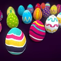 Colorful Decorated Easter Eggs With Rabbit Patterns On Dark Purple Background