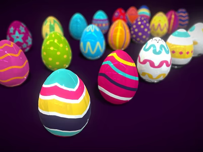 Colorful Decorated Easter Eggs With Rabbit Patterns On Dark Purple Background 3d model