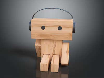 Wooden Robot Doll with Black Headphones and Simple Wooden Structure 3d model