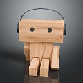 Wooden Robot Doll with Black Headphones and Simple Wooden Structure