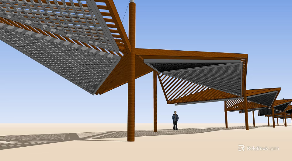 Garden Landscape Design With Geometric Wooden Canopy Structure And Standing Person 3d model 