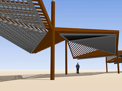 Garden Landscape Design With Geometric Wooden Canopy Structure And Standing Person 3d model