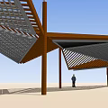 Garden Landscape Design With Geometric Wooden Canopy Structure And Standing Person