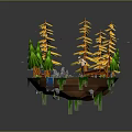 3D Floating Island Landscape With Green Pine Trees Yellow Trees Small Stream And Wooden Bridge