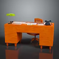 Wooden Office Desk With Green Lamp Papers Black Telephone And Rolling Chair