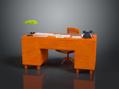 Wooden Office Desk With Green Lamp Papers Black Telephone And Rolling Chair 3d model
