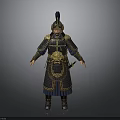 Man In Ancient Ornate Armor With Gold And Blue Decoration Wearing Feather Helmet Holding Sword