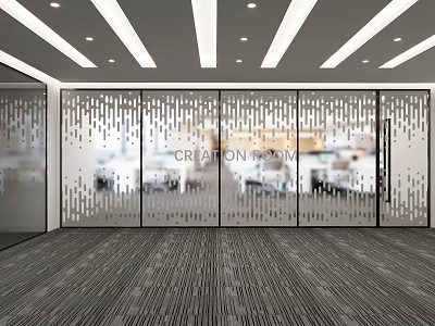 Modern Public Office Area With Glass Partitions Perforated Patterns Ceiling Light Strips And Gray Carpet 3d model