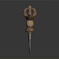 Ornate Decorative Weapon with Golden Crown Top and Polished Silver Blade Design