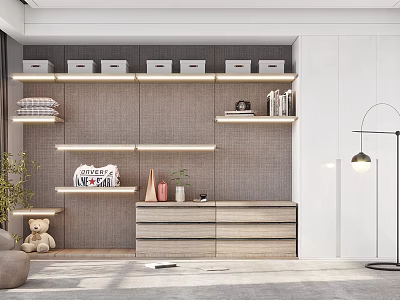 Modern Walk In Closet Interior Design With Open Shelves Storage Boxes And Drawer Cabinet 3d model