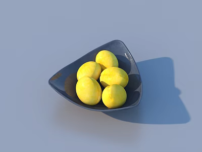 Ripe Yellow Lemons in Black Triangular Bowl on Gray Table Surface 3d model