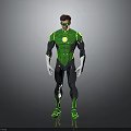 Humanoid Superhero Character in Green Black Suit with Chest Emblem Standing on Gray Background