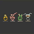 Four Colorful Cartoon Animal Figurines in Different Hues on White Bases with Dark Reflective Backdrop