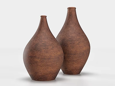 Two Brown Ceramic Vases with Textured Surface in Teardrop Shape on Light Background 3d model