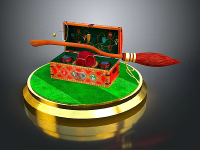 Open Red Decorative Box With Broom On Green Base With Golden Edge 3d model