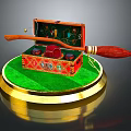 Open Red Decorative Box With Broom On Green Base With Golden Edge