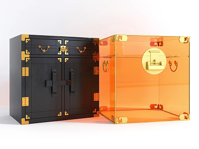 Stylish Black And Orange Bedside Tables With Gold Accents And Cabinet Doors 3d model