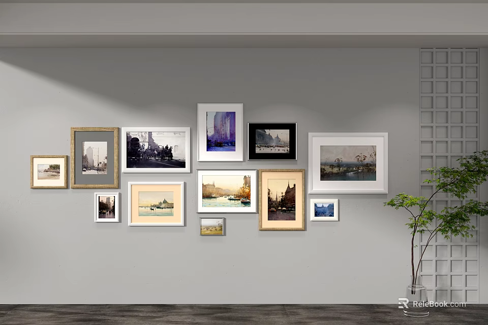 Stylish Photo Wall Arrangement With Multiple Frames Various Sizes And Artistic 3d model 