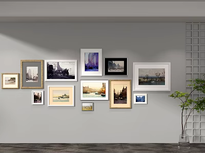 Stylish Photo Wall Arrangement With Multiple Frames Various Sizes And Artistic 3d model