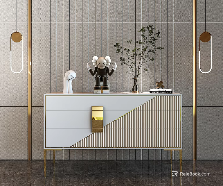 Modern Entryway White Console Table with Gold Accents Decorative Items and Light Striped Wall 3d model 