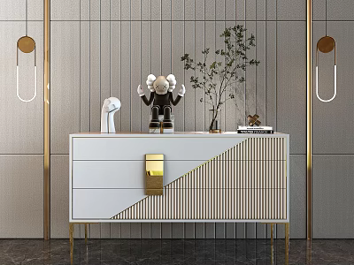 Modern Entryway White Console Table with Gold Accents Decorative Items and Light Striped Wall 3d model