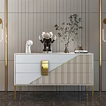 Modern Entryway White Console Table with Gold Accents Decorative Items and Light Striped Wall