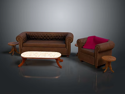 Brown Sofa and Coffee Table Set with Red Cushion Armchair Marble Top and Wooden Legs 3d model