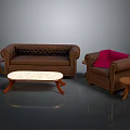 Brown Sofa and Coffee Table Set with Red Cushion Armchair Marble Top and Wooden Legs