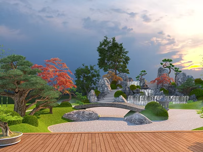 Tranquil Japanese Garden With Wooden Deck Stone Bridge Red Maple Pine Trees And Sunset Sky 3d model