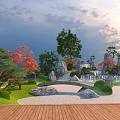 Tranquil Japanese Garden With Wooden Deck Stone Bridge Red Maple Pine Trees And Sunset Sky