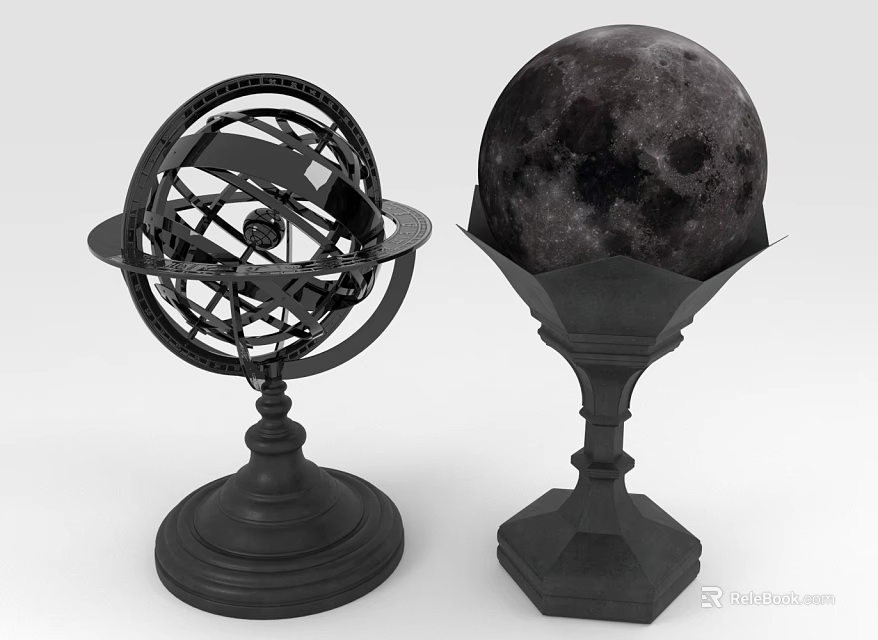 Vintage Decorative Ornament Set With Armillary Sphere And Moon Model On Black Metal Bases 3d model 