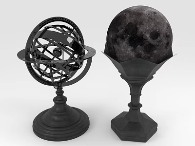 Vintage Decorative Ornament Set With Armillary Sphere And Moon Model On Black Metal Bases 3d model