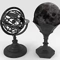 Vintage Decorative Ornament Set With Armillary Sphere And Moon Model On Black Metal Bases