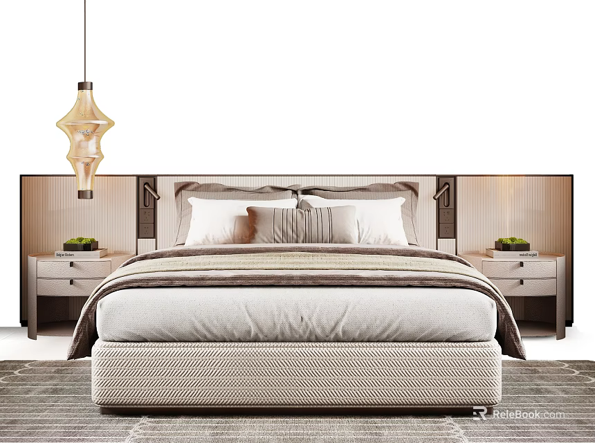 Modern Luxury Upholstered Double Bed With Matching Nightstands For Elegant Comfortable Bedroom Decoration 3d model 