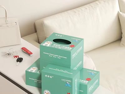 Green Tissue Boxes With Cartoon Patterns On Living Room Side Table Near Sofa 3d model