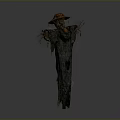 Scarecrow Figure With Brown Hat Tattered Clothes And Twig Arm Structure
