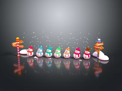 Festive Christmas Household Decorative Items With Snowmen In Colorful Hats And Orange Road Signs 3d model