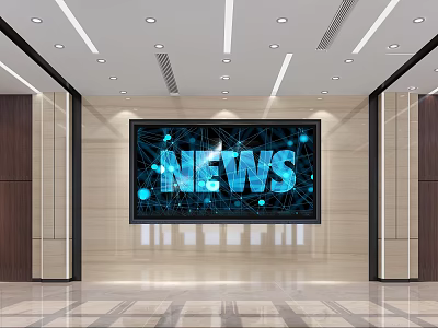 Modern Reception Area With Large Digital Screen Displaying News And Elegant Lighting Design 3d model