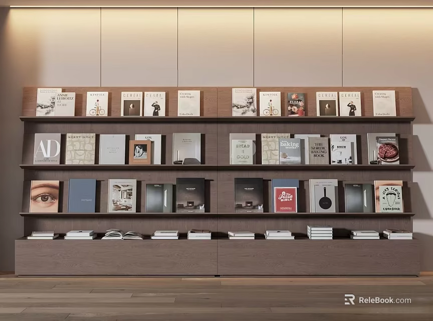 Modern Wooden Multi Tiered Bookcase Filled With Books And Decorative Items In Living Space 3d model 